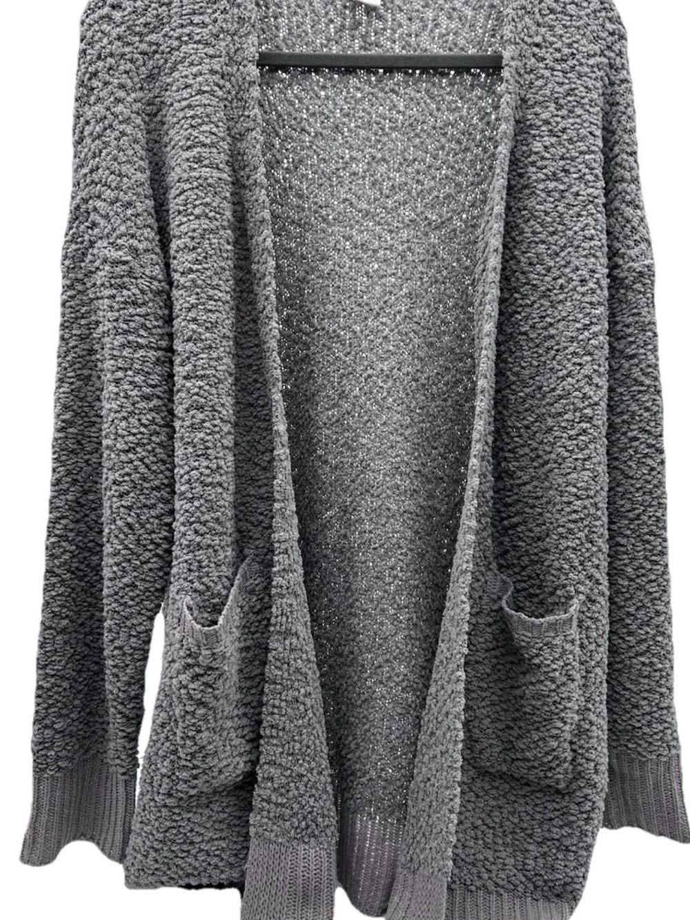 Open-Front Gray Popcorn-Knit Cardigan with Pockets